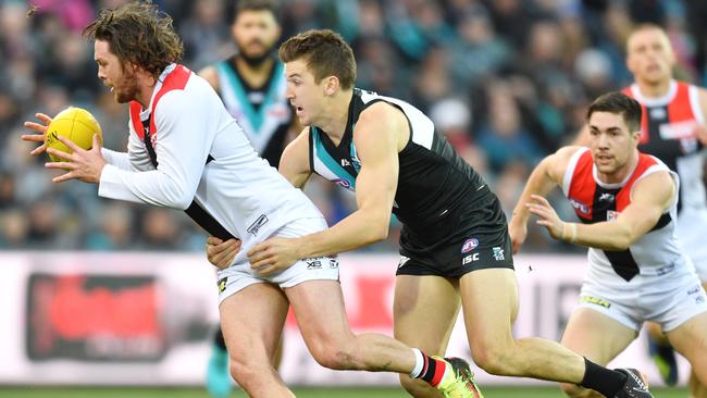 Jack Trengove tackles St Kilda’s Jack Steven. Picture: David Mariuz.