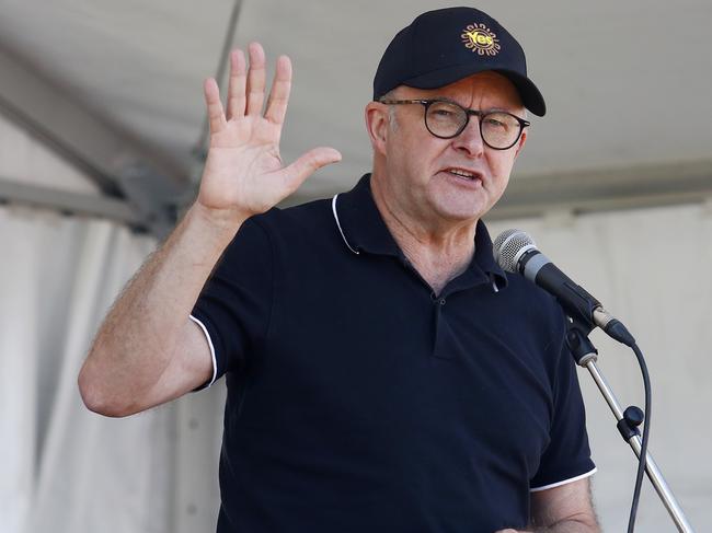 BRISBANE, AUSTRALIA - NewsWire Photos MAY 1, 2023: Prime Minister Anthony Albanese speaks to supporters during the Labor Day march in Brisbane. Picture: NCA NewsWire/Tertius Pickard