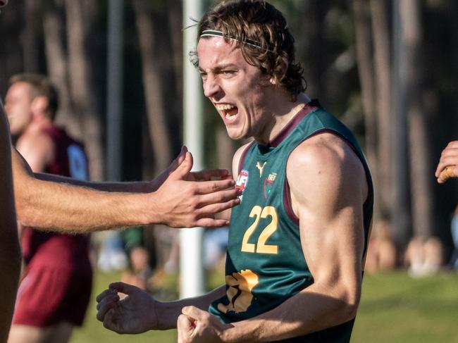 Tasmanian sharp-shooter Brandon Leary celebrates a goal against Queensland. Picture AFLQ Media