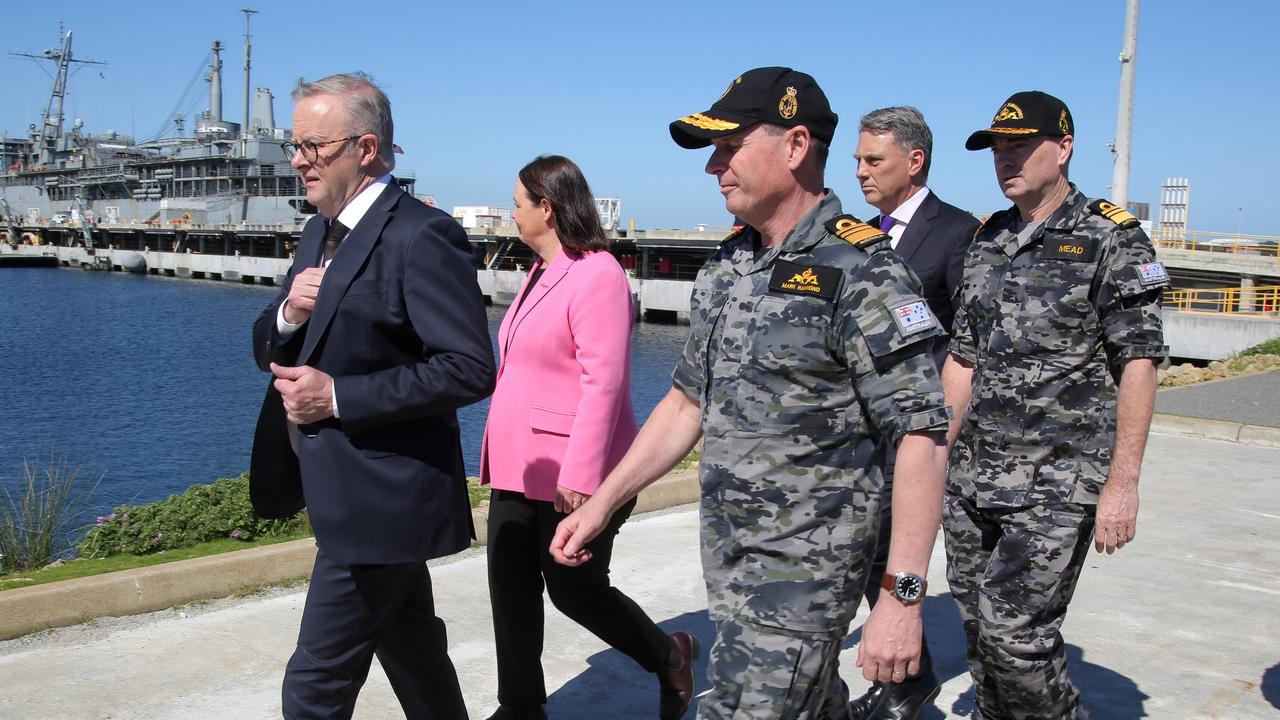 Prime Minister Anthony Albanese was at Perth’s HMAS Stirling base where USS Hawaii submarine is being worked on. Picture: NewsWire / Philip Gostelow