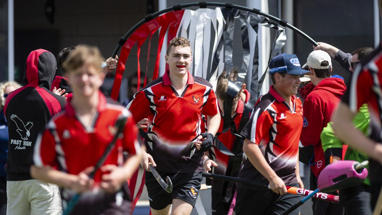 Sam Bullen runs out with Past High against Rangeville in J1 boys grand final hockey at Clyde Park, Saturday, September 10, 2022. Picture: Kevin Farmer