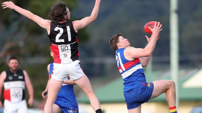 SFL. Rowan Thomason New Norfolk and James McIndoe Huonville Lions. Huonville Lions V New Norfolk. Picture: Nikki Davis-Jones