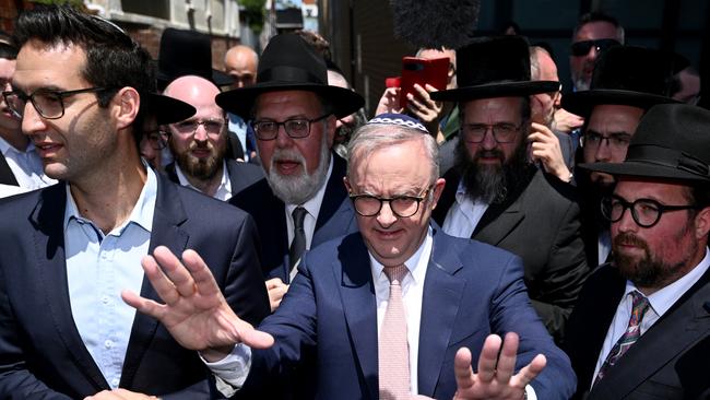 Anthony Albanese leaves the Adass Israel Synagogue in Melbourne’s Ripponlea on Tuesday. Picture: AAP