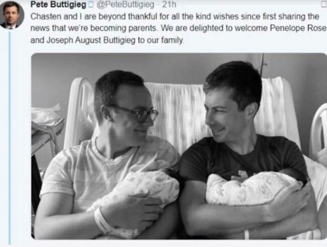 Pete Buttigieg and his partner, Chasten announced the birth of their twins on Twitter. Picture: Twitter