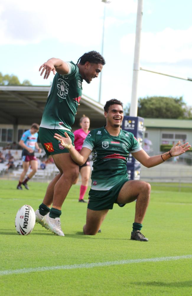 Kanaan Magele and Dom Sandow celebrate. Meninga Cup semi-finals action between the Ipswich Jets and Mackay Cutters at the North Ipswich Reserve on Sunday, May 5, 2024.