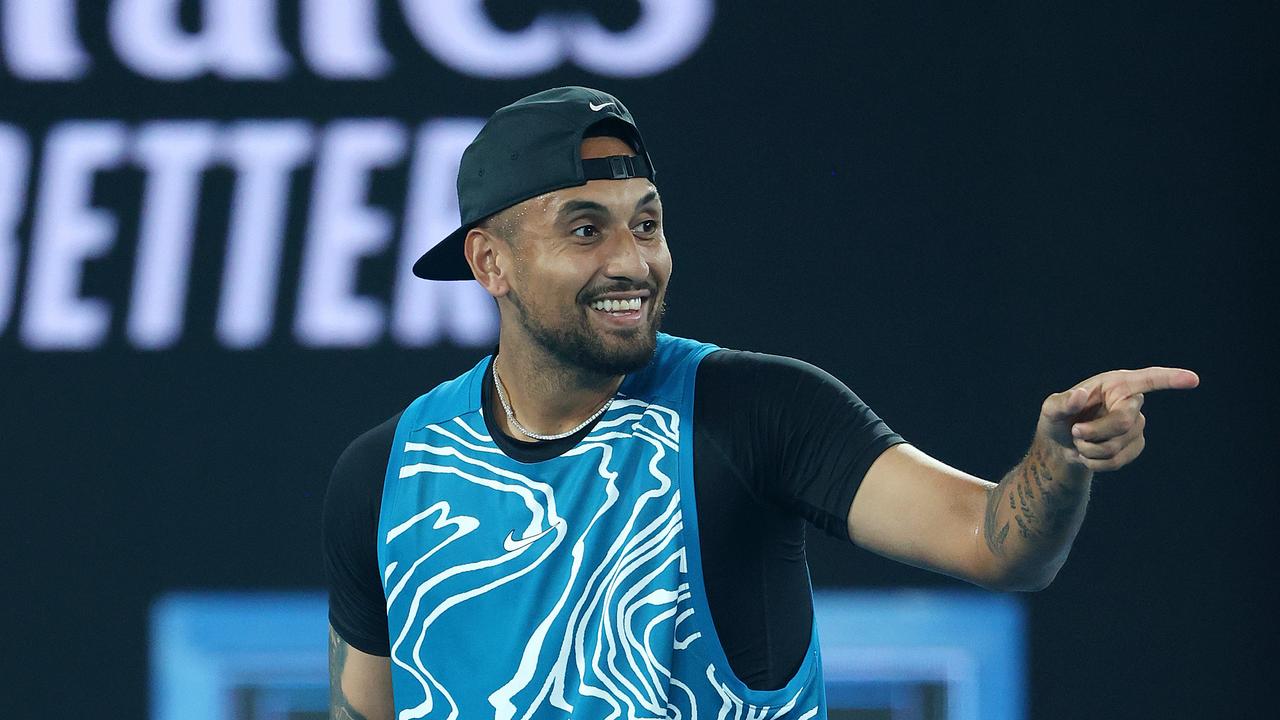 Nick Kyrgios has a laugh during his charity clash with Djokovic. Picture: Mark Stewart