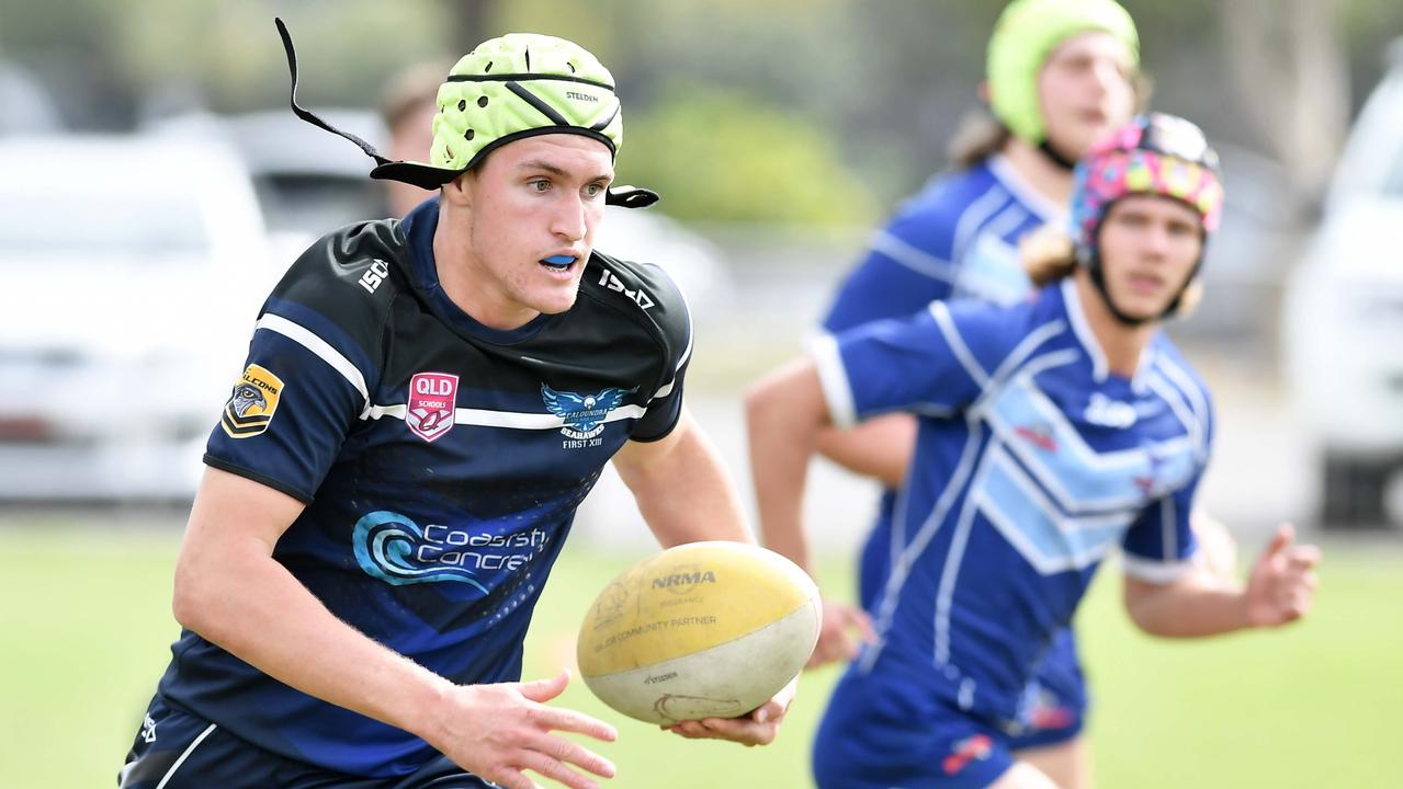 RUGBY LEAGUE: Justin Hodges and Chris Flannery 9s Gala Day. Grand final, Caloundra State High School V Redcliffe State High, year 12. Caloundra's Douglas Smell (green cap). Picture: Patrick Woods.