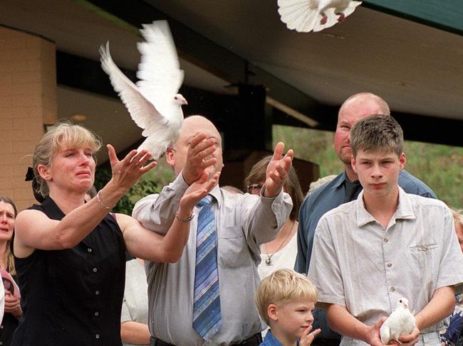 Tamara and Laurie Morley-Clarke, along with their sons Nathan and Justin, released white doves during funeral of their daughter Courtney Morley-Clarke. Picture: Guy Wilmott