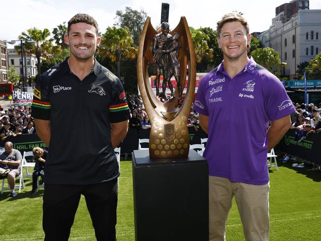 DAILY TELEGRAPH 3RD OCTOBER 2024 Pictured at Circular Quay in Sydney at the 2024 NRL Grand Final Fan Fest is Penrith Panthers player Nathan Cleary and Melbourne Storm player Harry Grant ahead of this weekendÃ&#149;s NRL Grand Final between the Melbourne Storm and the Penrith Panthers. Picture: Richard Dobson