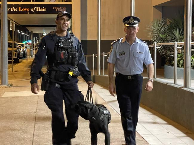 Sergeant Felipe Peraza, his partner PD Baron and Mackay-Whitsunday District Superintendent Shane Holme emphasised the police role in educating the public on the dangers of drugs, with users more likely to perpetrate crime or become the victims of crime themselves. Photo: Fergus Gregg.