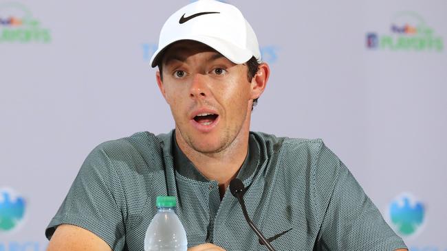 Rory McIlroy of Northern Ireland speaks to the media.