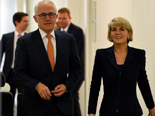 Former Prime Minister Malcolm Turnbull and former deputy leader Julie Bishop leaving the Liberal Party room meeting last month. Picture: AAP/Mick Tsikas