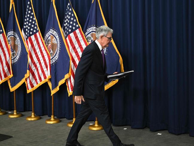 US Federal Reserve Chairman Jerome Powell departs after speaking during a press conference in Washington, DC, on September 20, 2023. The US Federal Reserve voted Wednesday to keep interest rates at a 22-year high, between 5.25 percent and 5.50, percent while forecasting an additional rate hike before the end of the year to bring down inflation. (Photo by Mandel NGAN / AFP)