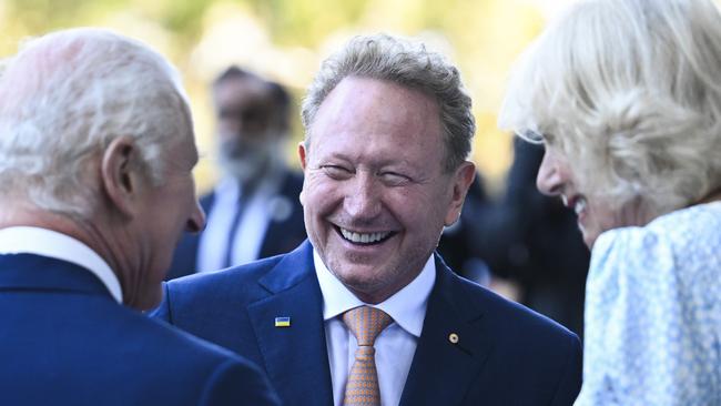 Andrew Forrest meets King Charles III and Queen Camilla at the Australian National Botanic Gardens in Canberra. Picture: Martin Ollman