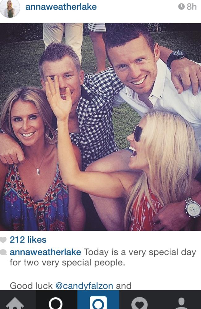 Candice Falzon and David Warner with Peter Siddle and his wife Anna Weatherlake in a post from Instagram.