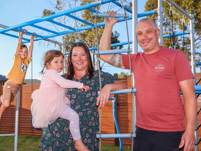 MELBOURNE, AUSTRALIA - MAY 1 2025Melissa and Andrew Glavati, with their kids Maverick, 6 and Savannah, 2 at their Sunbury home.Sunbury has been earmarked as one of Australia's best positioned suburbs for home price growth in 2025. Picture: Brendan Beckett