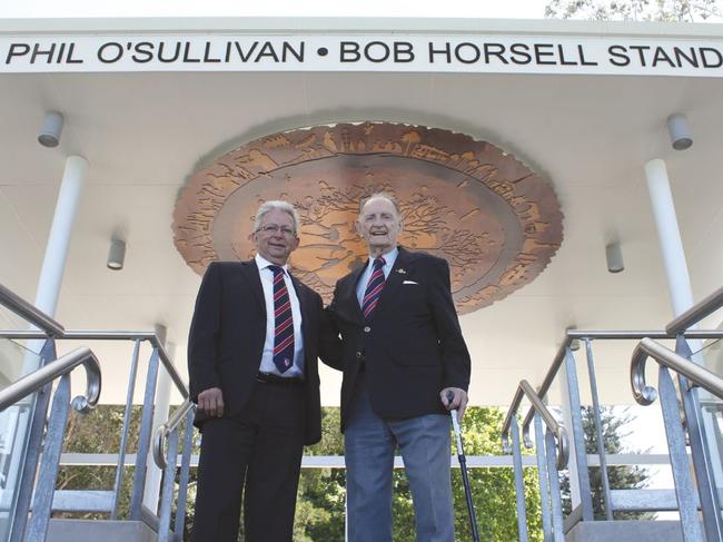 Bob Horsell and Phil O’Sullivan at the opening of their stand on Waverley Oval in 2012. Photo: