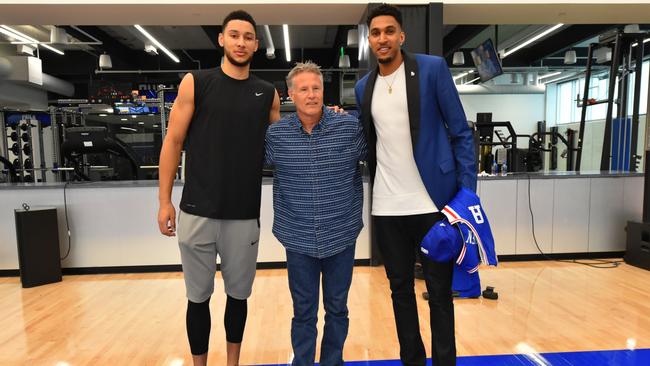 Brett Brown (C) with Ben Simmons (L) and Jonah Bolden. Picture: Jesse D. Garrabrant/Getty