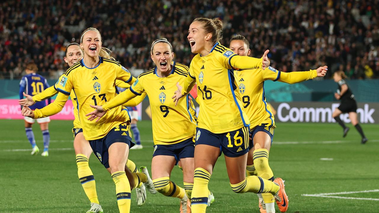 AUCKLAND, NEW ZEALAND - AUGUST 11: Filippa Angeldal (2nd R) of Sweden celebrates with teammates after scoring her team's second goal during the FIFA Women's World Cup Australia &amp; New Zealand 2023 Quarter Final match between Japan and Sweden at Eden Park on August 11, 2023 in Auckland, New Zealand. (Photo by Buda Mendes/Getty Images)
