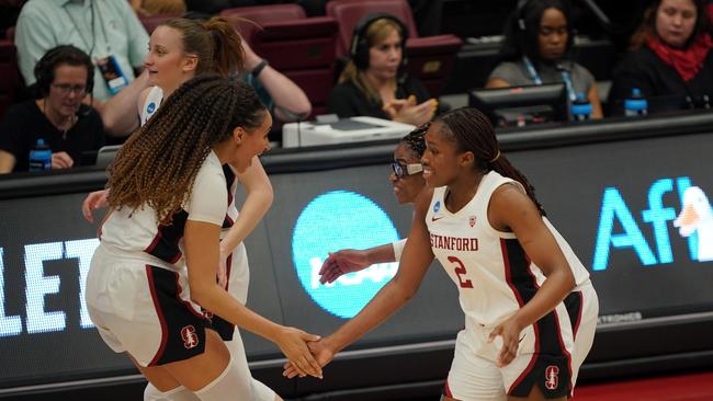 Haley Jones and Agnes Emma-Nnopu high-five each other while playing for Stanford. Picture: John Todd/NCAA Photos via Getty Images