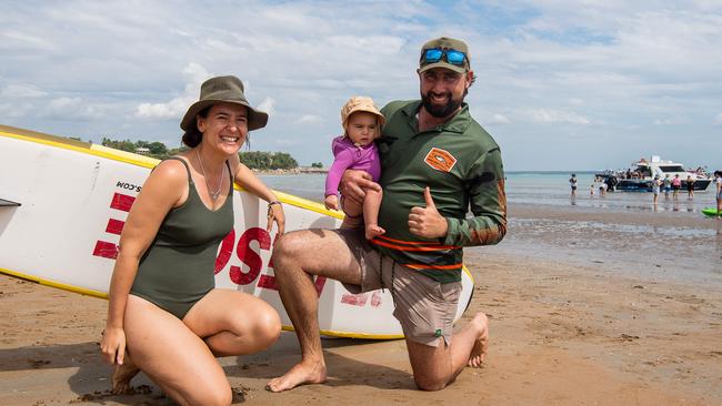 Sarah Makin, Willo Makin and Reece Mcgrath at the Darwin Beer Can Regatta at Mindil Beach, 2023. Picture: Pema Tamang Pakhrin