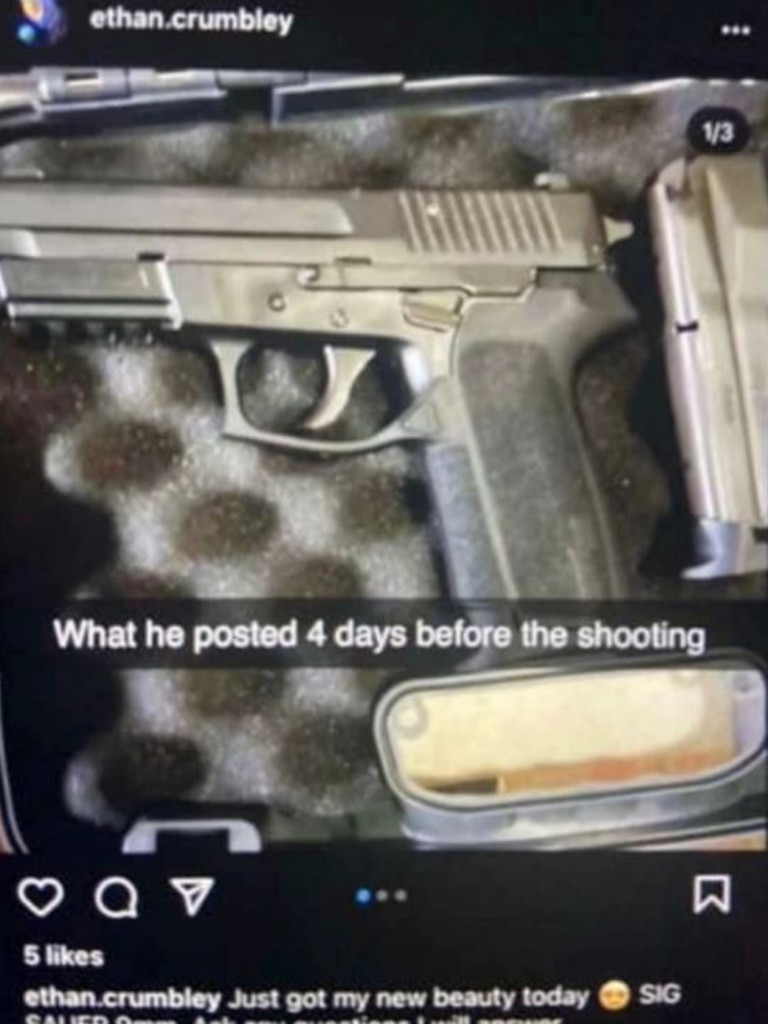 Posts which appear to have been shared on Crumbley’s Instagram page show the suspect also shared a picture of a gun just days before the shooting. Picture: Twitter