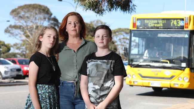 Concerned Woodcroft mum Melissa Murray with her children Ella 12 and Noah 10. AAPIMAGE/Russell Millard