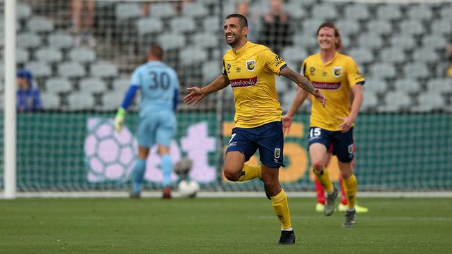 Central Coast’s Milan Duric celebrates after scoring with a long-range shot against Adelaide United in Gosford. Picture: Getty Images