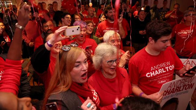 Labor fans form a wave of red at Parramatta’s Collector Hotel. Picture: Damian Shaw