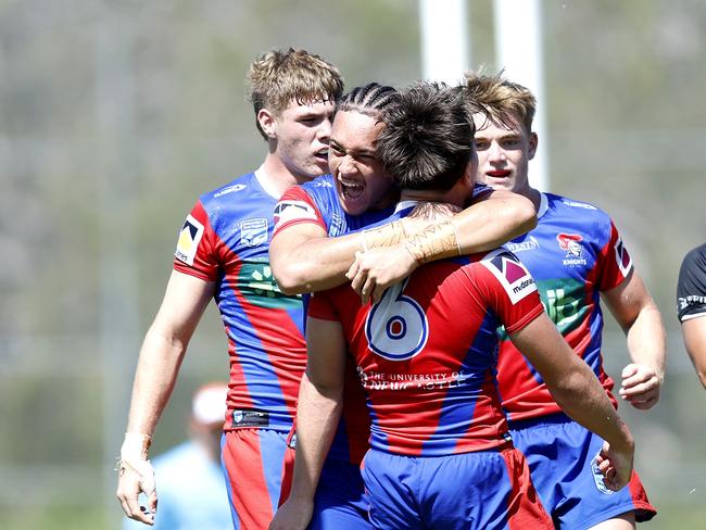 The Knights celebrate a Ryder Crosswell try. Picture: Michael Gorton