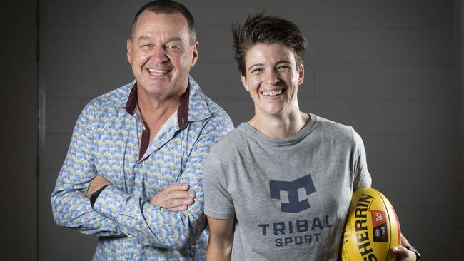 Brisbane Lions AFLW assistant coach David Lake and star player Sam Virgo who work together at Tribal Sport. (AAP Image/Renae Droop)