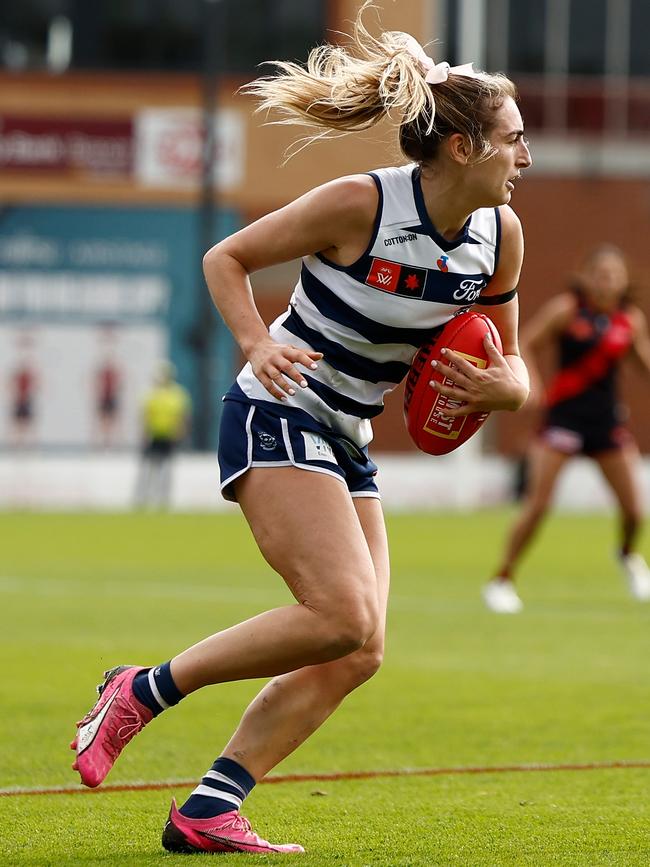 Geelong’s Amy McDonald in action in a practice match against Essendon earlier this month. Picture: Michael Willson/AFL Photos via Getty Images