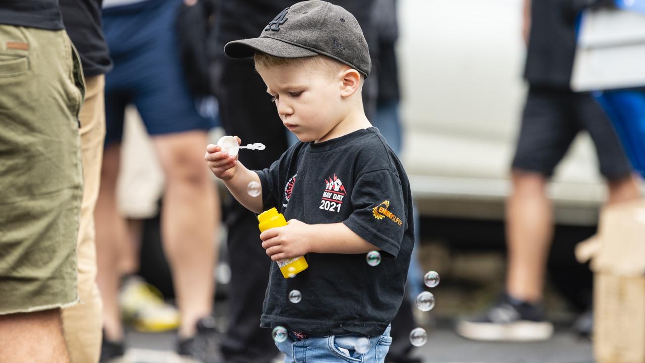 Arthur McGaw stands with ETU members before the Labour Day 2022 Toowoomba march, Saturday, April 30, 2022. Picture: Kevin Farmer