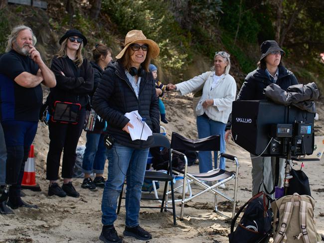 Director Cherie Nowlan (centre) with cast and crew on the set of The Survivors which was filmed in Tasmania. Picture: Aedan O'Donnell/Netflix