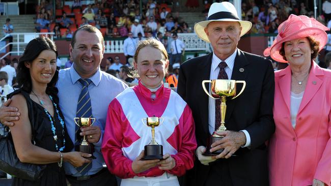 Alana and Grant Williams (left) with Kyra Yuill, and winning owners Bob and Sandra Peters after the Perth Cup.