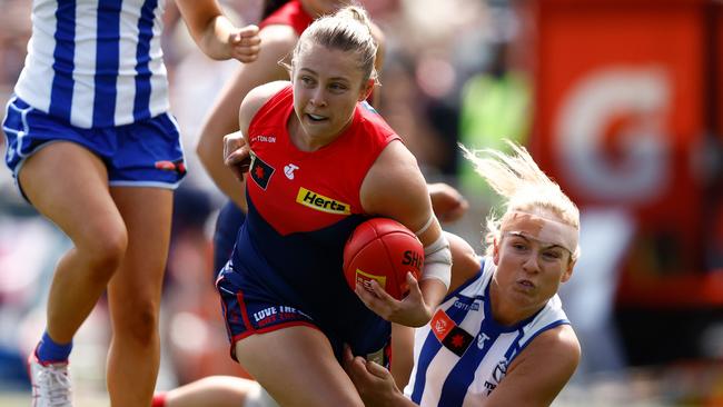 Tyla Hanks said the Demons were frustrated at their inability to capitalise on relatively even contested ball and inside 50 numbers in the 41-point loss to the Kangaroos. Picture: Michael Willson / Getty Images