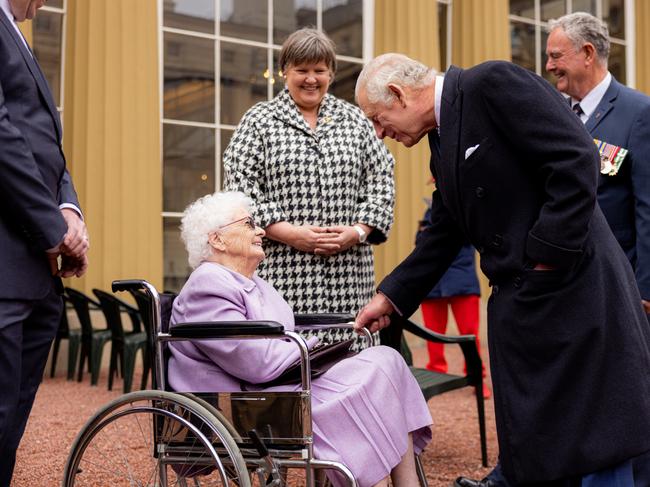 King Charles chatted at length with Mary Nicholson, 101, whose late husband was in the air force in WWII. Picture: Callum Smith