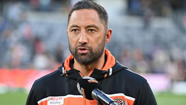 SYDNEY, AUSTRALIA - AUGUST 19: Benji Marshall of Wests Tigers after the round 25 NRL match between Wests Tigers and Dolphins at CommBank Stadium on August 19, 2023 in Sydney, Australia. (Photo by Izhar Khan/Getty Images)