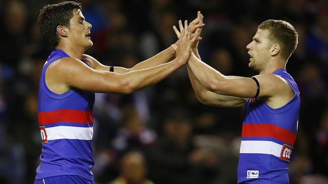Tom Boyd and Jake Stringer in red, white and blue together. Picture: Michael Klein