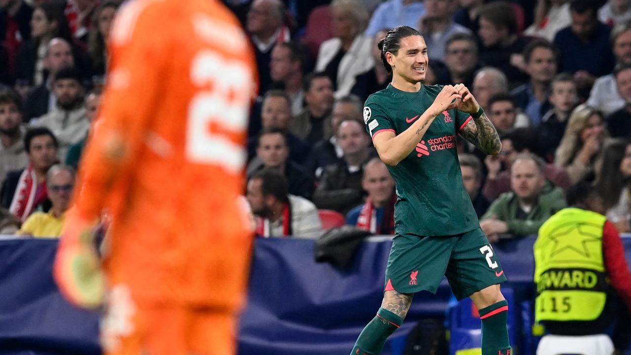 Liverpool's Uruguayan striker Darwin Nunez celebrates scoring his team's second goal during the UEFA Champions League group A football match between Ajax Amsterdam and Liverpool at the Johan Cruijff ArenA in Amsterdam, on October 26, 2022. (Photo by JOHN THYS / AFP)