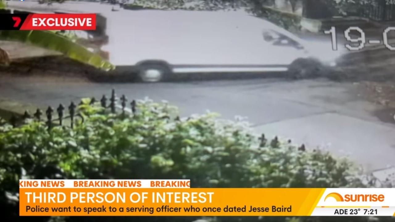 Police say this white van caught on footage outside Jessie Baird’s Paddington home was rented by Lamarre-Condon at 9pm on Monday. Picture: Sunrise/7 News