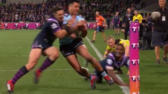 Billy Slater’s tackle on Sosaia Feki at AAMI Park. Picture: Fox Sports