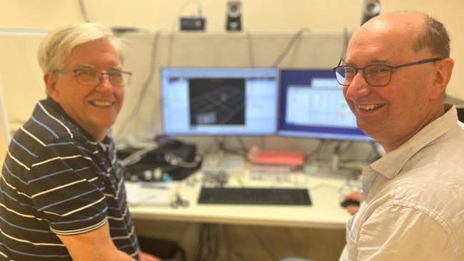 Dennis Crawford from Blackmans Bay (left) with Dr Bill Bennett, Senior Technical Officer at the Wicking Dementia Research &amp; Education Centre. Dennis has Parkinson’s disease, and has helped demonstrate the HIMAC in action. Picture: Supplied