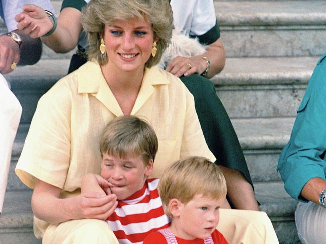 Diana with her sons William and Harry on the island of Mallorca, Spain, in August 1987. Picture: AP