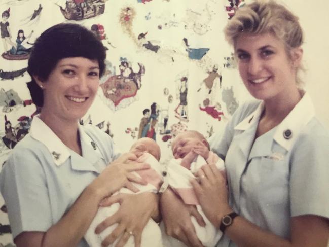 Twin girls Tamara and Sally with the student midwives Tamara and Sally  they were named after 33 years ago - Photo Supplied