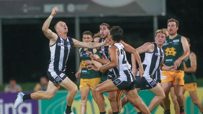 Benjamin Nason competes for the ball for Palmerston against St Mary’s in Round 8 of the NTFL. Picture: Glenn Campbell