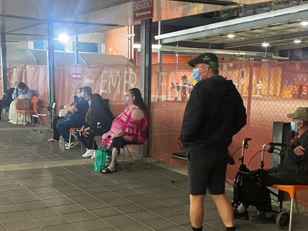 Maureen Wortley, far left, was forced to wait outside The Lyell McEwin Hospital's emergency department for two hours in the freezing cold, her relatives say. Picture: Supplied by family