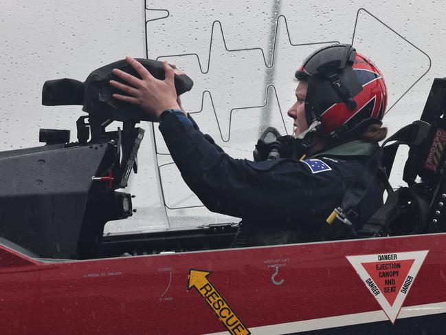 Pacific Airshow Gold Coast 2024 Media Day at Gold Coast Airport. Flight Lieutenant Broide Sweeney in front of Roulette 3 which she pilots for the Air Force Roulettes. . Picture Glenn Hampson