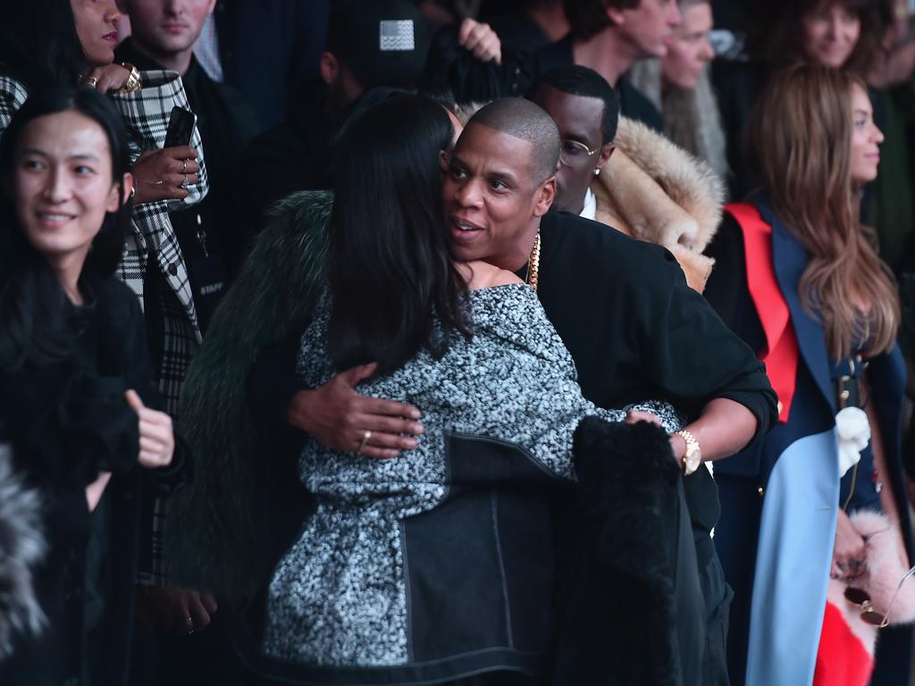 Rihanna greets Jay-Z at the Adidas Originals x Kanye West YEEZY SEASON 1 fashion show during New York Fashion Week. Picture: Getty