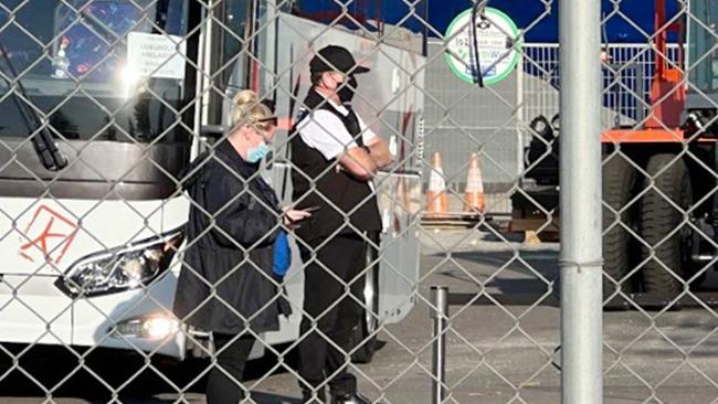 Bus drivers await as the cruise ship Grand Princess arrives in Adelaide with passengers suffering Covid aboard. Picture: Eva Blandis